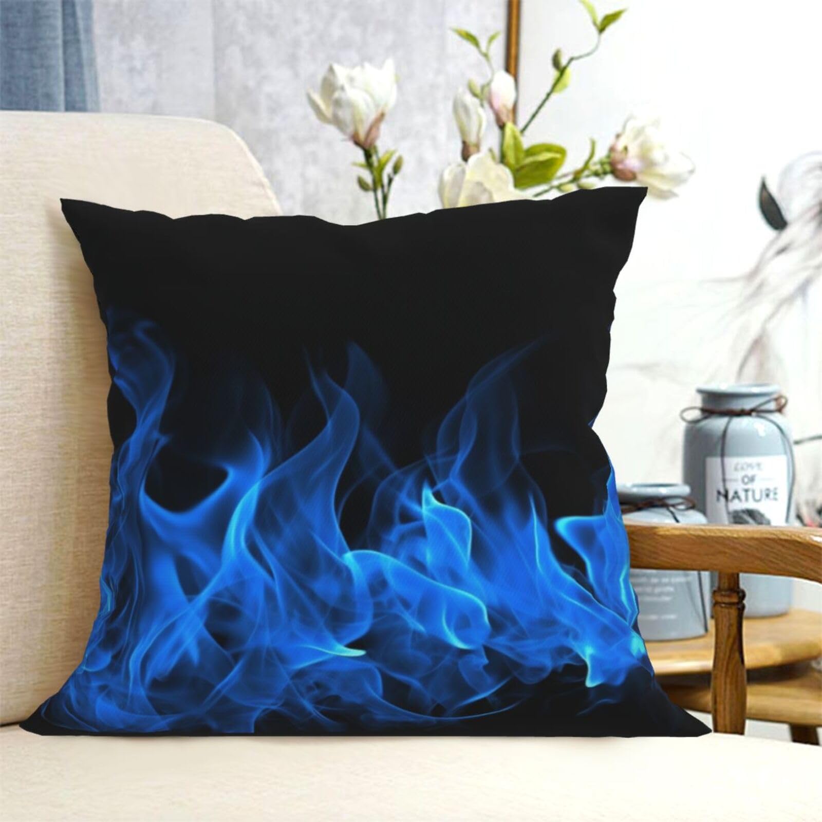 Fodpand Black Decorative Throw Pillow Covers 20"X20" Blue Flame Cushion Cases Square Modern Farmhouse Pillow Cases Soft Cozy Cushion Covers For Couch Sofa Bedroom Home Decor Pillowcase