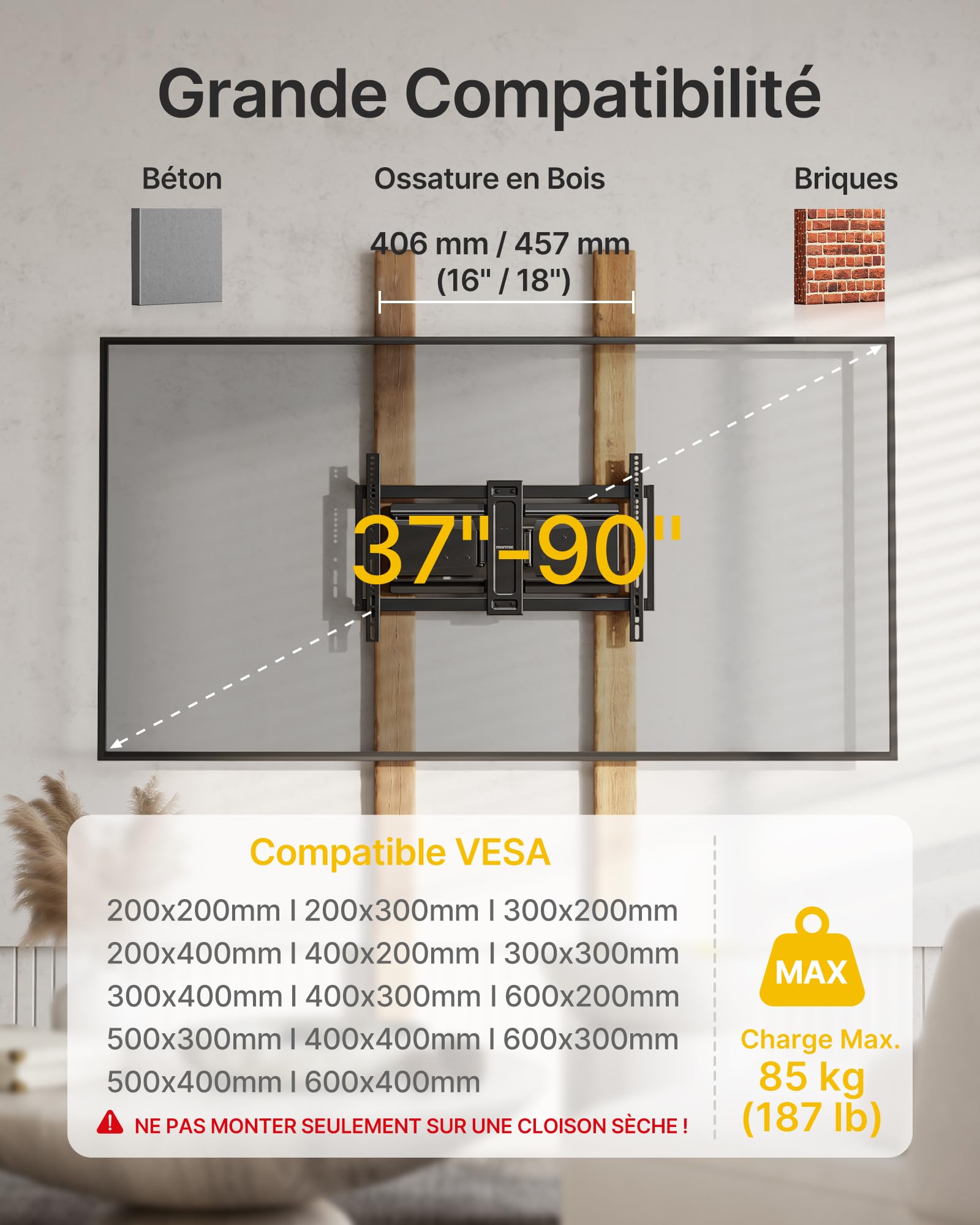 monTEK Support TV Mural Ultra Fin Renforcé 37-90 Pouces