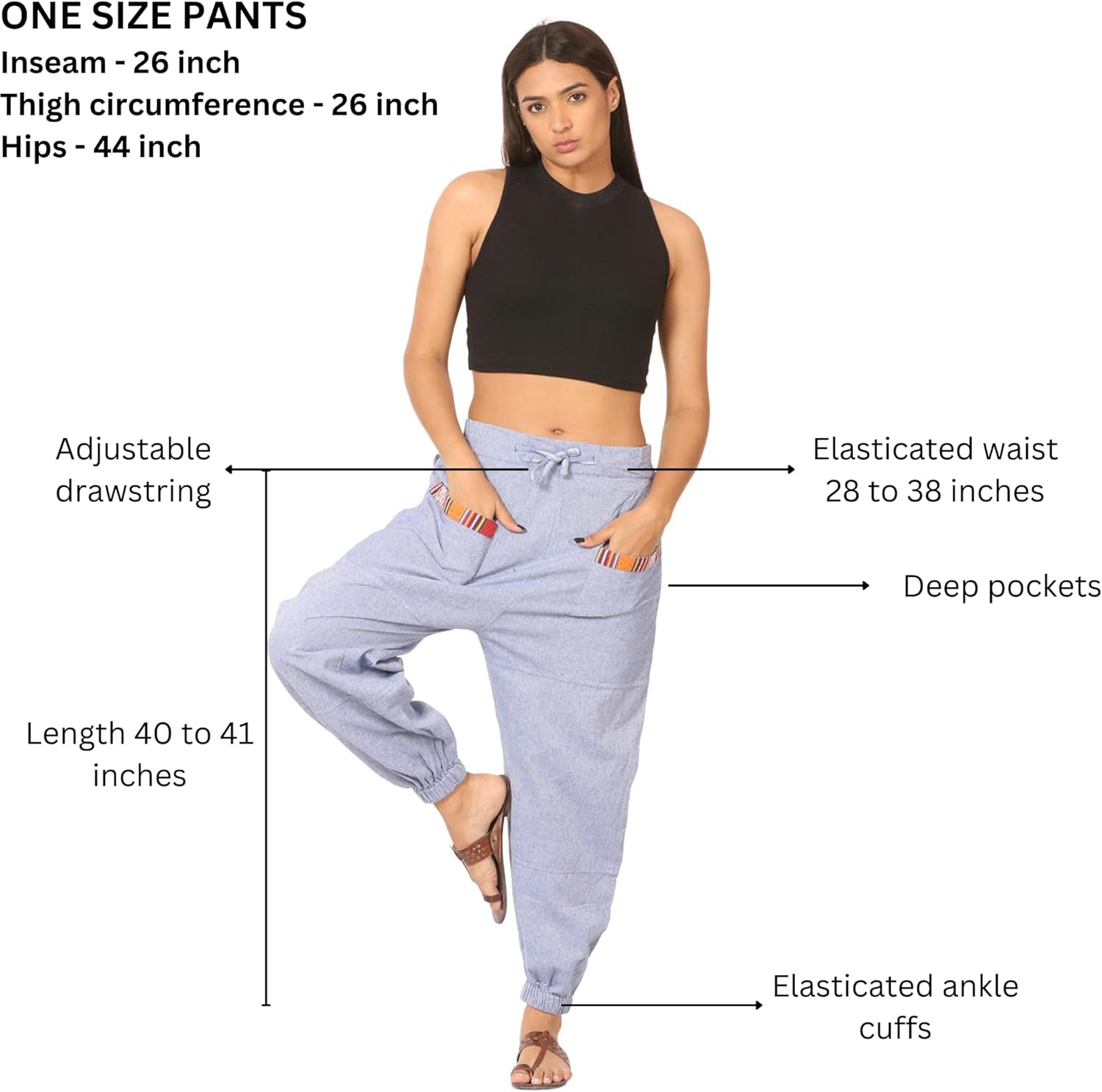 Men Women Cotton Linen Baggy Harem Drawstring Yoga Pants, One Size Casual Hippie Trousers with Pockets