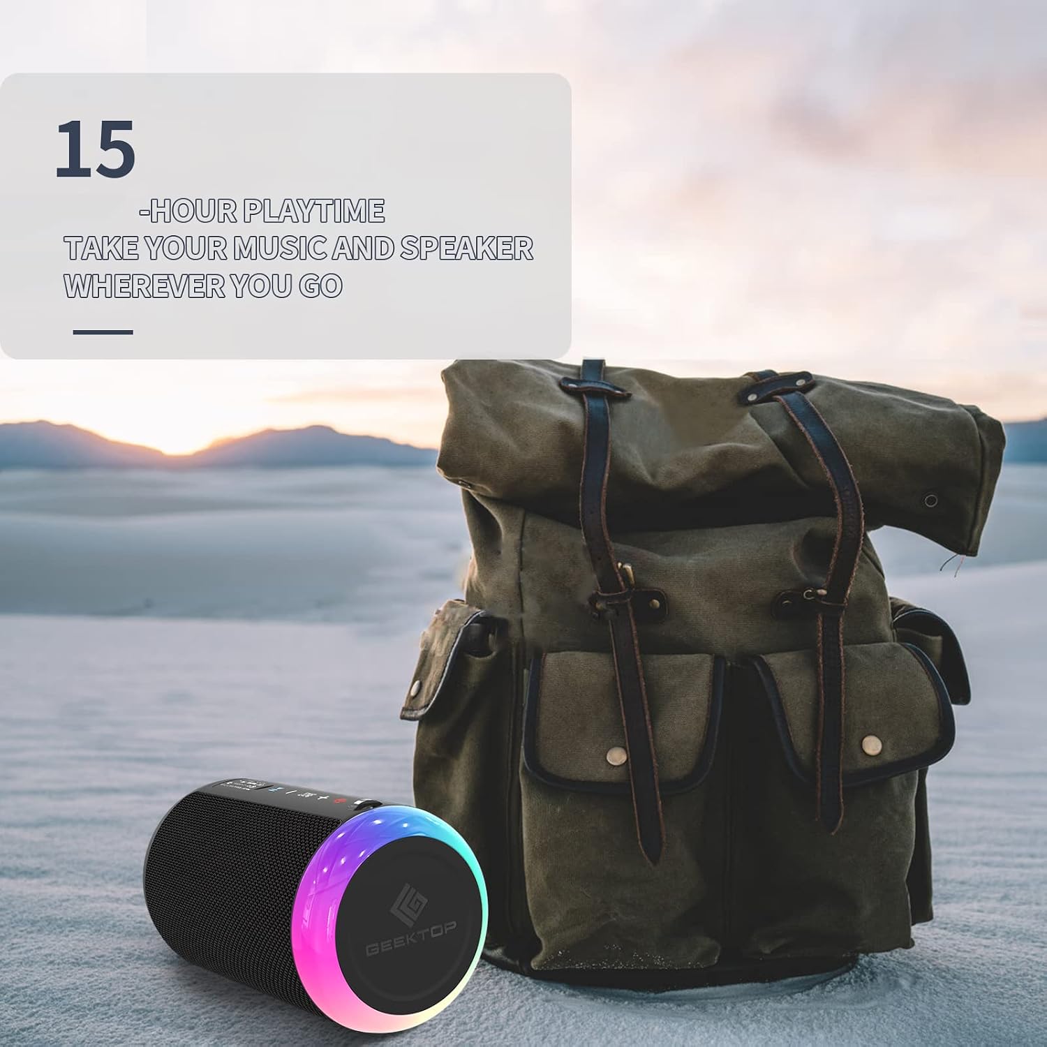 GEEKTOP A7 Arcance Cylinder 4 Bluetooth Speaker with vibrant LED lights in an outdoor setting.