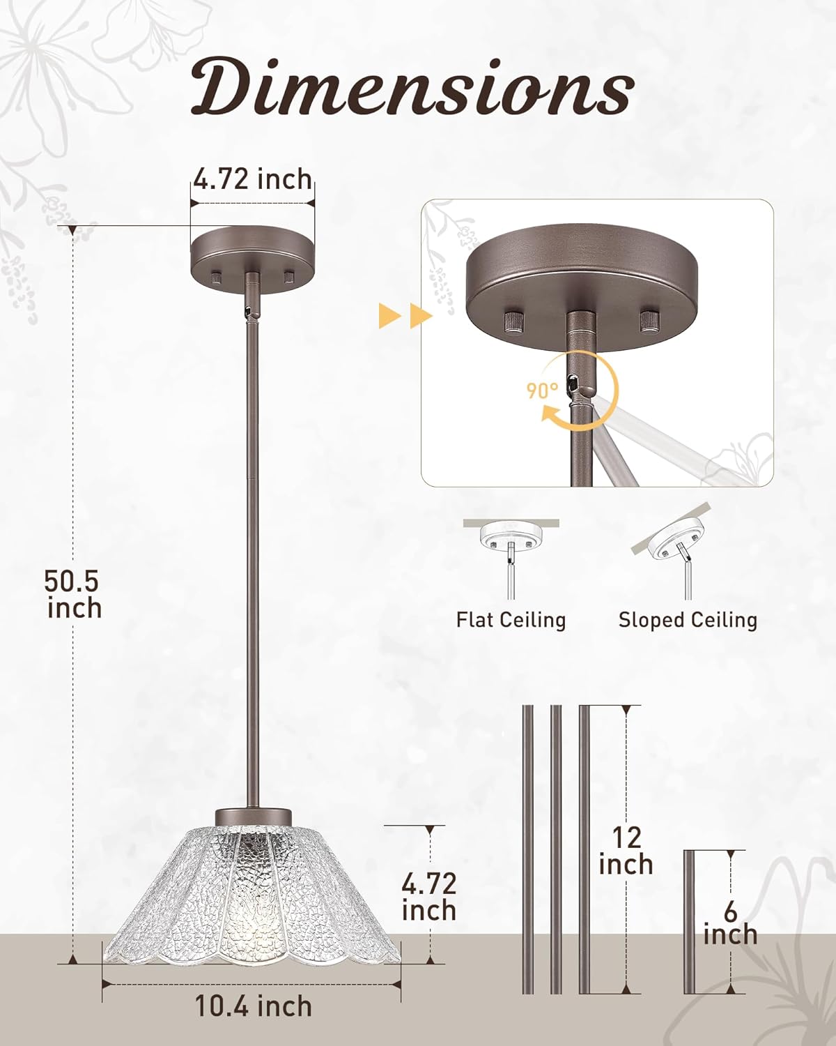 Pendant Lights Kitchen Island, HWH Kitchen Island Lighting for Bathroom, Dining Room, 1-Light Hanging Lights Fixtures with Clear Floral Glass, Oil-Rubbed Bronze Finish, 5HJX110MIL ORB