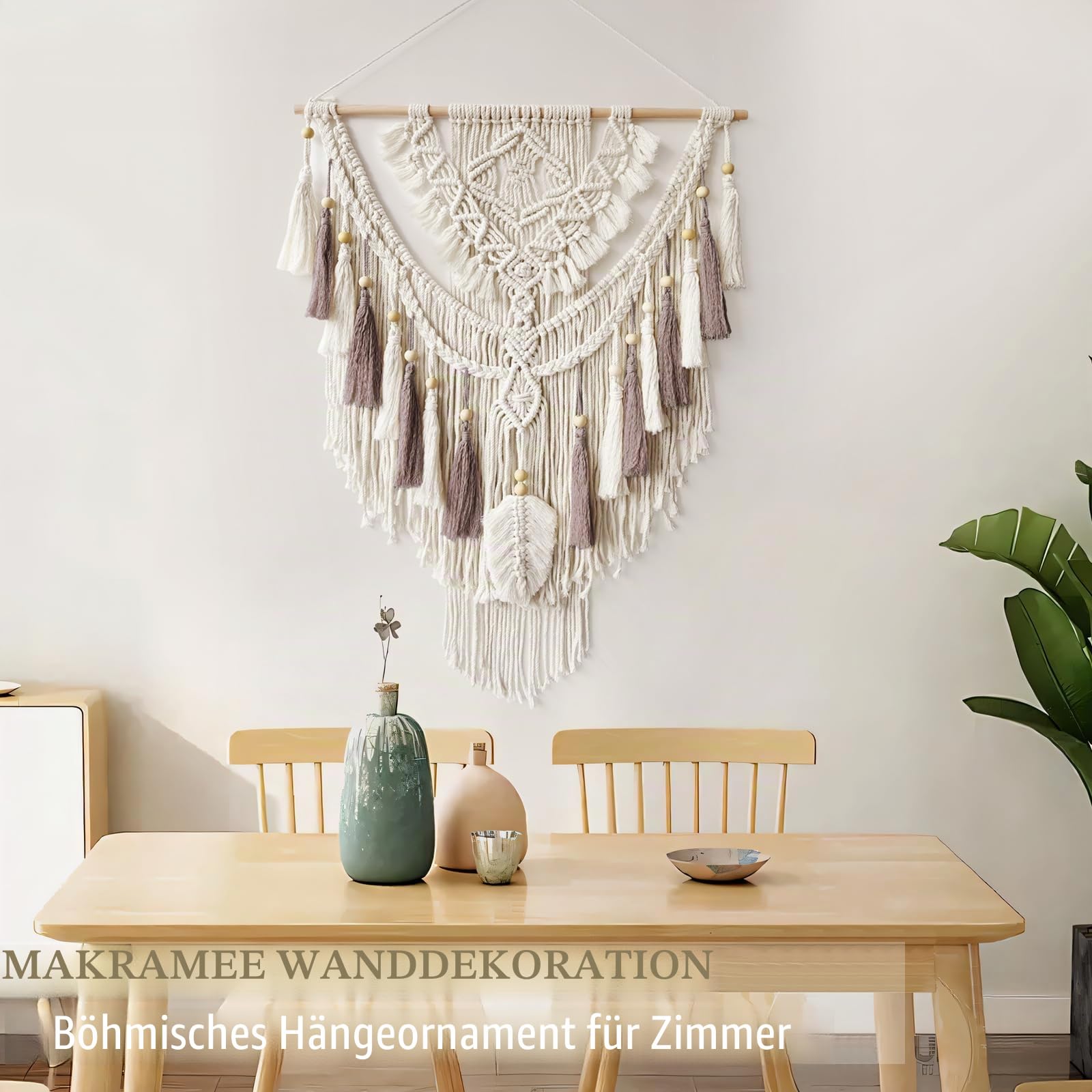 lokeisna Makramee-Wandbehang, gewebter Wandteppich, Beige und Altrose, handgefertigt, Makramee-Wanddekoration, Galerie und Kinderzimmer, Größe 95 cm L x 70 cm B