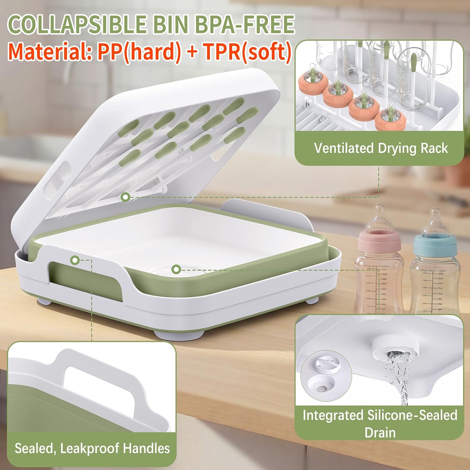 Collapsible Wash Basin for Baby Bottles with Drying Rack – 2.4 Gallon Foldable Dish Tub with Handles, Portable RV Camping Sink & Space-Saving Wash Bin with Lid for Kitchen, Travel & Outdoor, Green