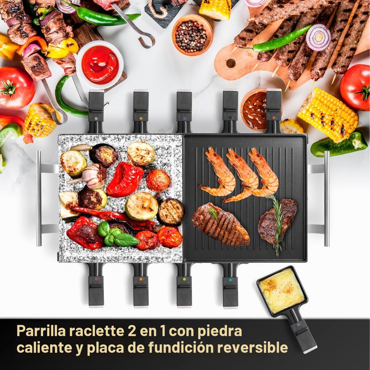 Parrilla de raclette ProfiCook 2 en 1,raclette 10 personas, raclette con placa de piedra y placa de parrilla, revestimiento antiadherente, termostato continuo, 1700 vatios, acero inoxidable,PC-RG 1144