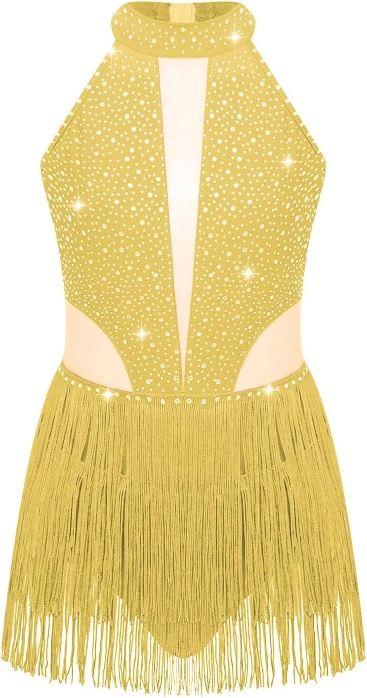 Kids Girls Ballet Dance Leotard Rhinestone Tassel Dress Gymnastics Figure Skating Latin Dancewear