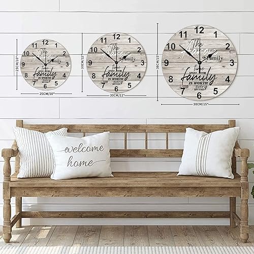 Miniatura 32 de Reloj de pared de madera personalizado que pasa con la familia cada segundo con manecillas de metal, reloj de pared redondo ligero estilo campestre