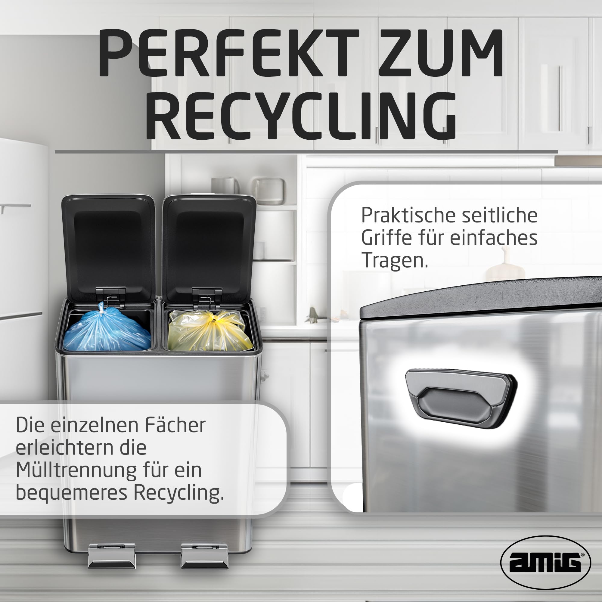 Amig - Doppelte Recycling-Mülleimer mit Pedalen Mod. RECIK EVO 40 L - 2 separate Behälter mit je 20 L - 2x20L - Edelstahl - 45 x 30 x 52 cm - Silber