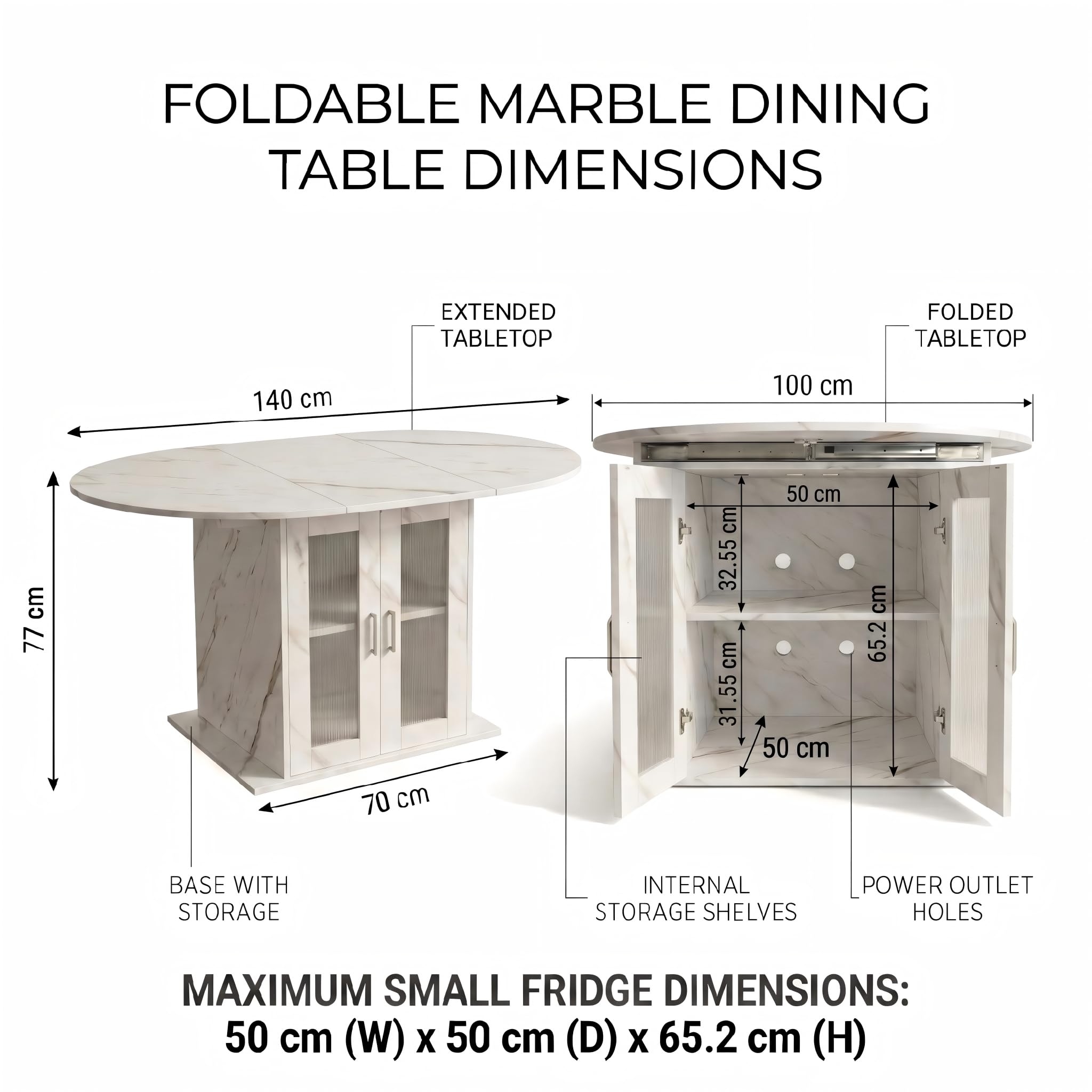 Tavolo da pranzo allungabile rotondo, 100-140 cm, tavolo da cucina con ripiani rimovibili, tavolo da pranzo rotondo ovale con vano portaoggetti, tavolo bianco per un piccolo frigorifero