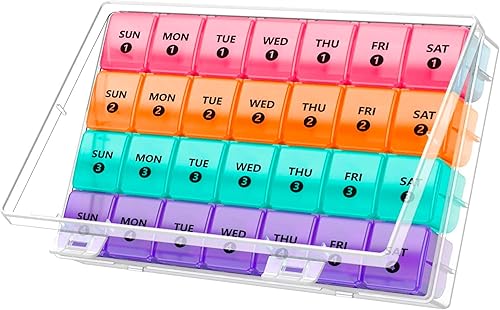 Organizador mensual extra grande de pastillas Dispensador de pastillas de color una vez al día de 7 días con 4 recipientes semanales para pastillas