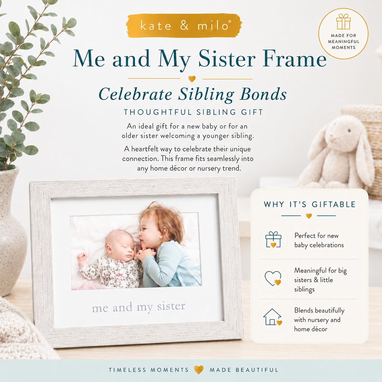 Kate & Milo Rustic Me & My Sister Frame, Sibling Keepsake, Ideal Little or Big Sister Gift, Gender Neutral Nursery Decor