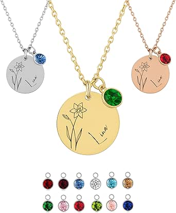 Personalisierte Geburtsblumen Kette mit Namen & Geburtsstein – Wasserfeste Halskette Damen aus Edelstahl – Symbolisches Schmuck Geschenk für Frauen, Beste Freundin & zum Valentinstag