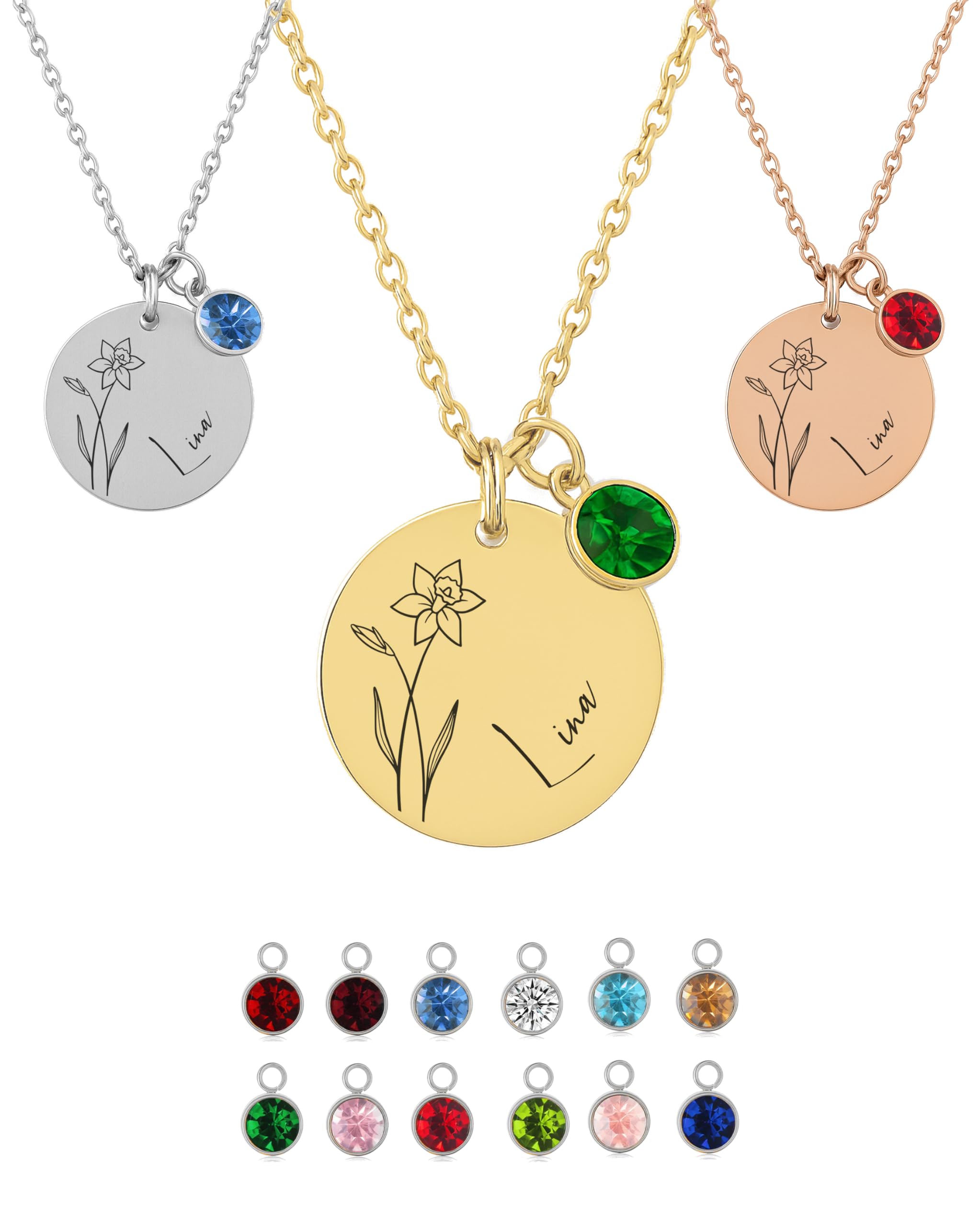 XELLENZ Geburtsblumen Kette mit Namen & Geburtsstein – Wasserfeste Edelstahl Halskette Damen & Symbolisches Schmuck Geschenk für Frauen zum Geburtstag mit herzlichem Osterglocken-Gravur (März Blume)