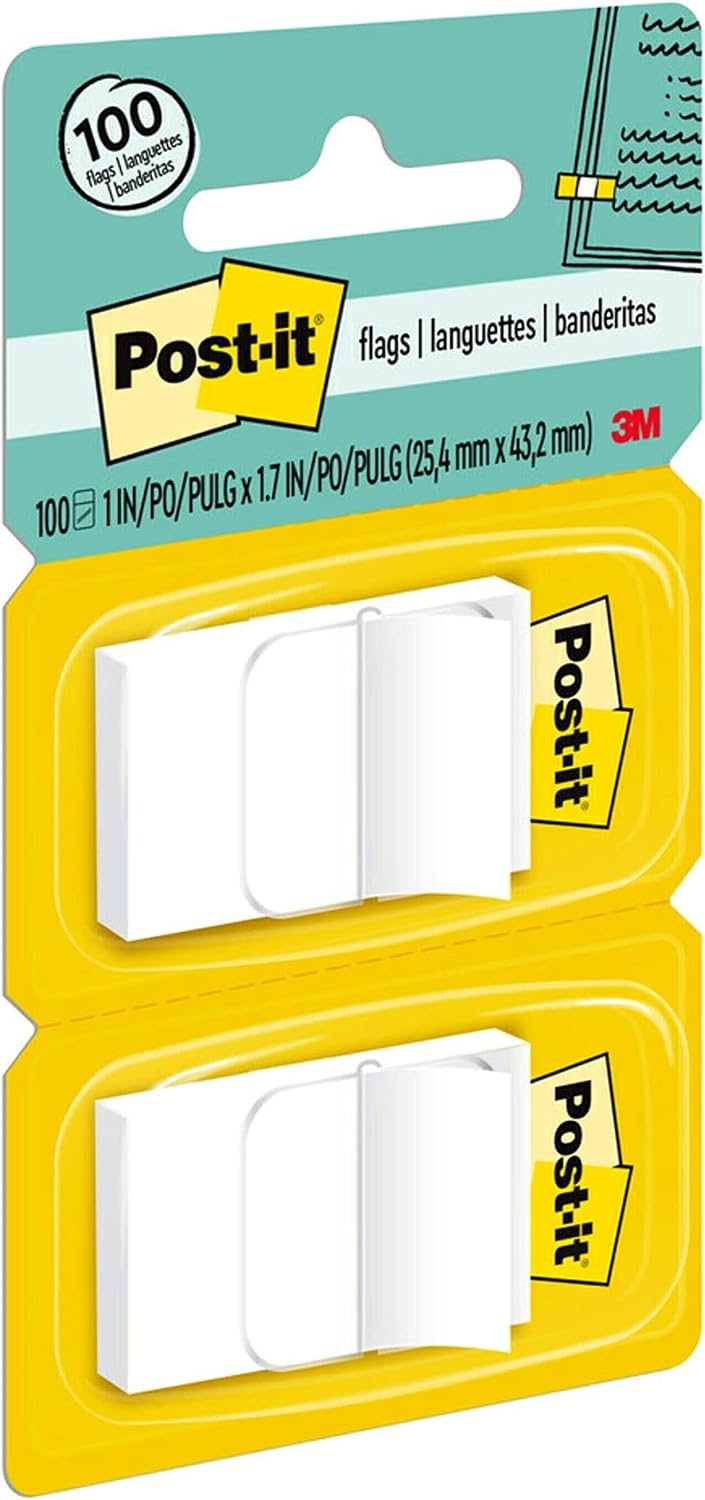 Post-it Flags, 50/Dispenser, 2 Dispensers/Pack, 1 in Wide, White (680-WE2)
