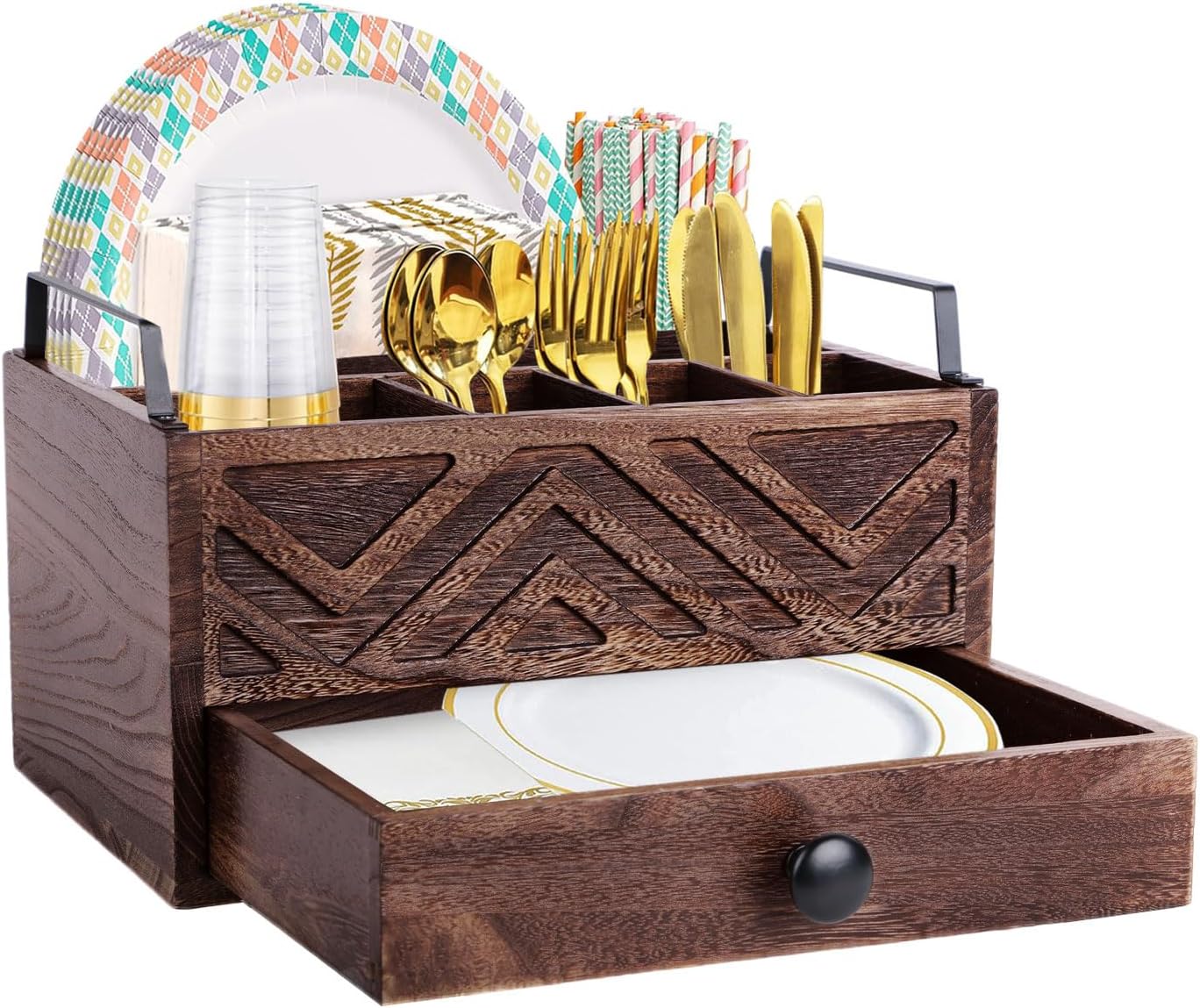 Paper Plate Dispenser with Drawer, country style Wood Kitchen Counter, Picnic, Party, Camping - Caddy Organizer for Cups, Spoons, Forks, Plates, office supplies, Napkins & Silverware