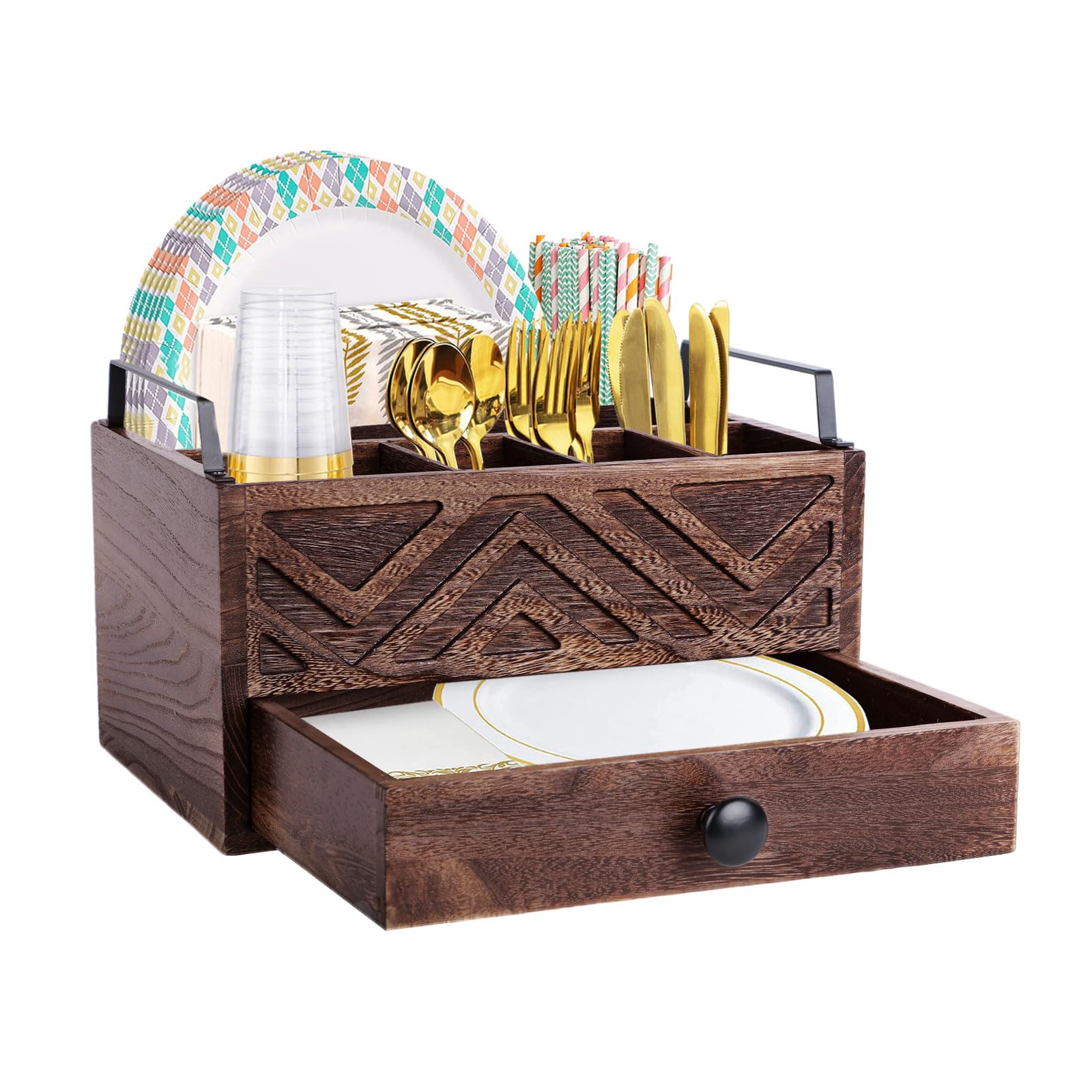 Dispensador de platos de papel con cajón, organizador de encimera de cocina de madera rústica para tazas, cucharas, tenedores, platos, servilletas y cubiertos (marrón)