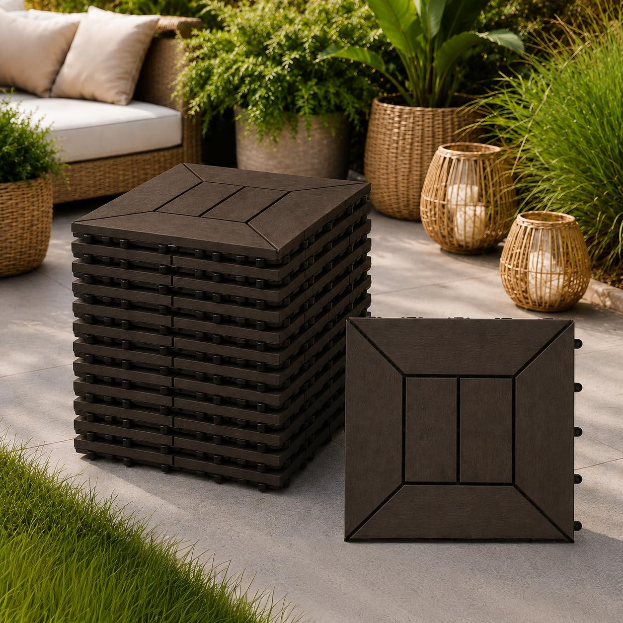 Set di Piastrelle in Plastica Moka 30x30x2h cm - Pavimento Esterno, Giardino, Sistema a Incastro, per Terrazza, Patio, Resistente - Set da (27)