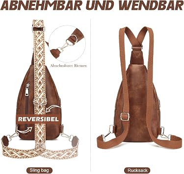 Travistar Chest Bag Sling Bag Women Men 2 in 1 Backpack Women Small with 2 Removable Shoulder Straps PU Leather Shoulder Bag Handbag Shoulder Bag Anti-Theft Crossbody Bag Women