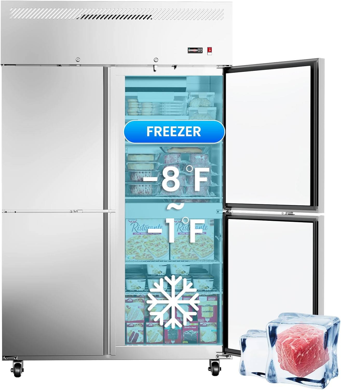 48"W Commercial Freezer 4 Door Stainless Steel Reach-in Solid Door Upright Fan Cooling 36 Cu.ft 2 Section Freezer -8-1°F for Restaurant, Bar, Shop