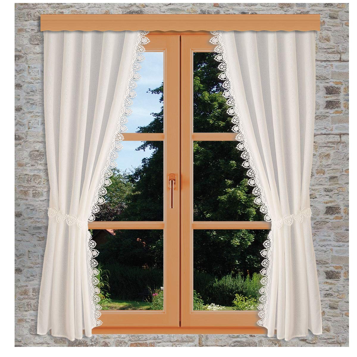 Seitenschalgarnitur Merida Vogtländische Spitze in natur | Set 4-teilig mit 2 Dekoschals und 2 Raffhaltern | Landhausgardinen mit geblümter Stickereikante | Vorhang-Set Höhe x Breite 180 x 80 cm
