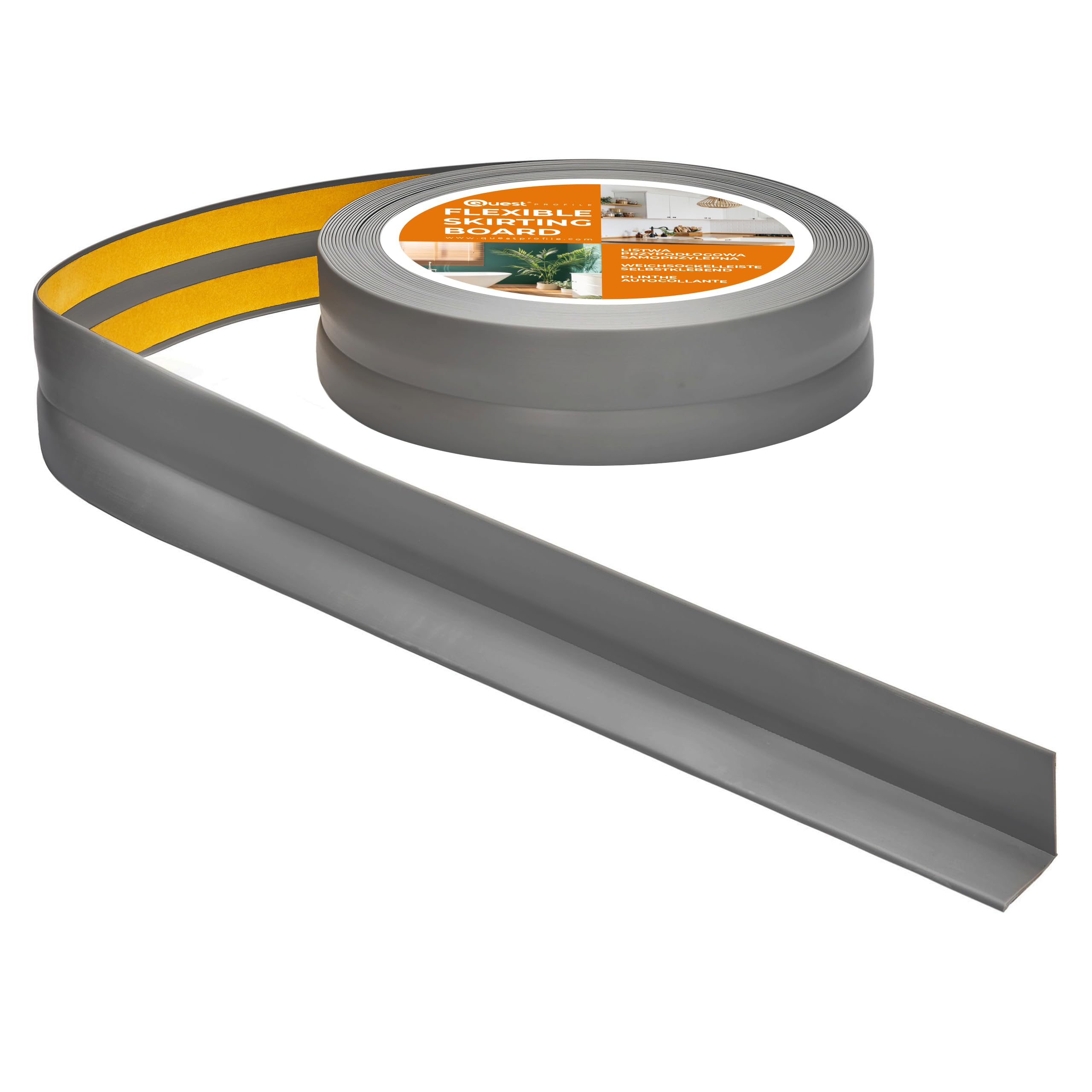 Quest Battiscopa Morbido Adesivo - 30 mm x 30 mm - Finitura Flessibile, Listello in PVC, Profilo Angolare per Cucina, Bagno, Parete, Pavimento - Decorativo, Resistente ai raggi UV (Grigio scuro, 5m)