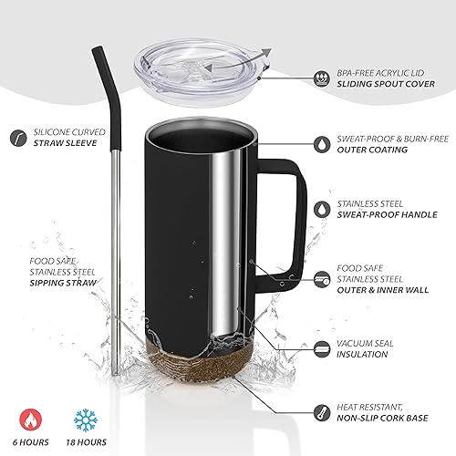 Miniatura 4 de High Sierra, Paquete de 2 vasos aislados de 16 onzas con tapa y pajita, acero inoxidable de doble pared, taza de viaje, ideal para café helado