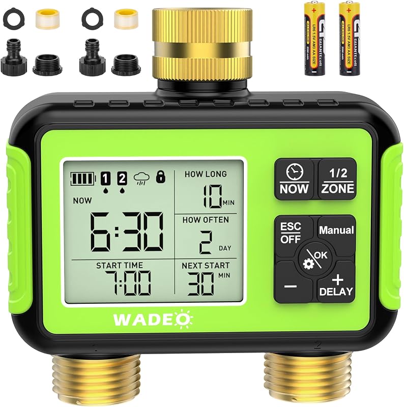 Brass 2 Zone Water Hose Timer, Waterproof Programmable Sprinkler Timer | Automatic Two Zone Irrigation Controller with Rain Delay/Auto/Manual/Child Lock for Outdoor Lawn Yard Cooling Garden Watering