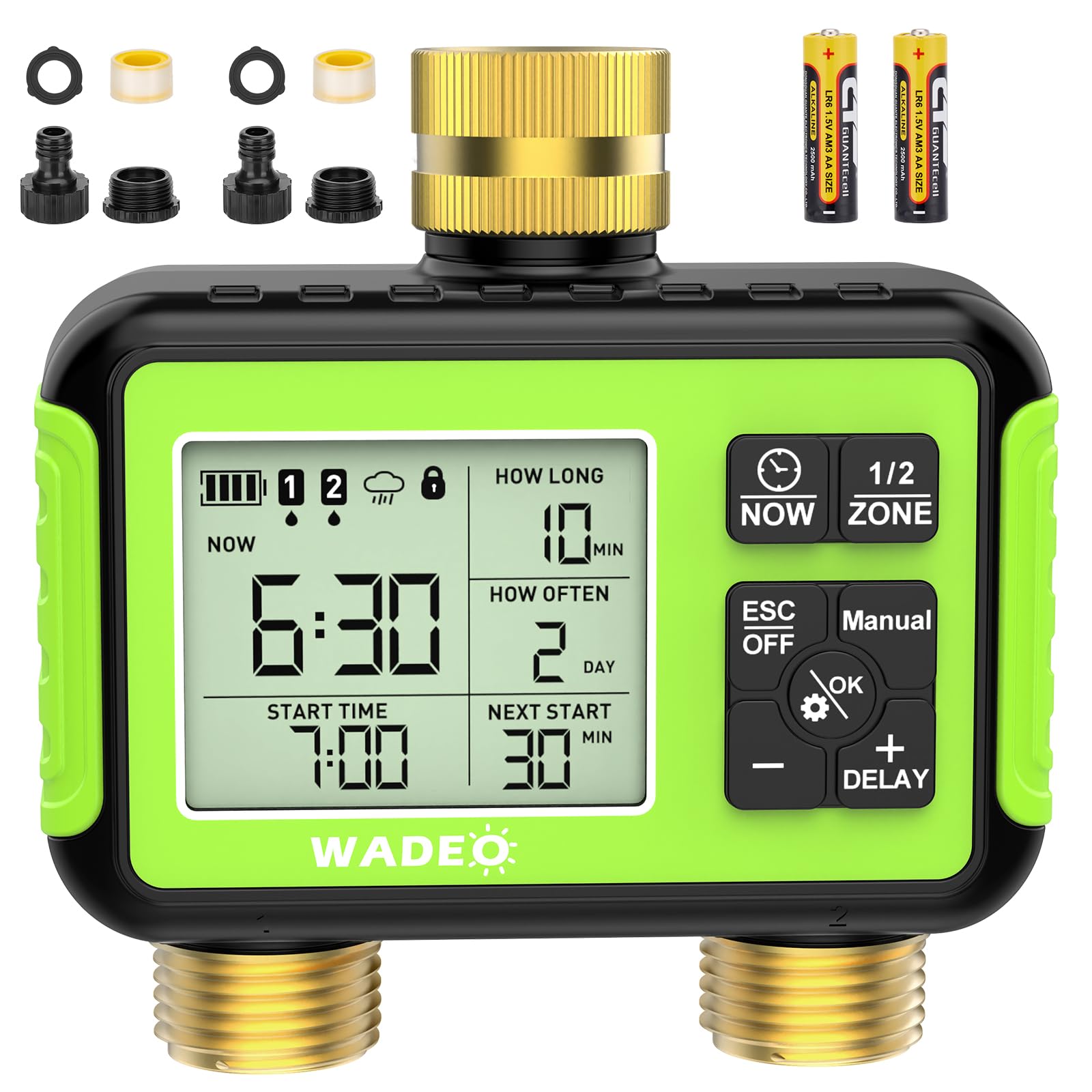 Timer irrigatore con uscita di ingresso in ottone per tubo da giardino, timer per tubo dell'acqua da esterno a 2 zone con ritardo della pioggia/auto/manuale/blocco bambini, controller di irrigazione a