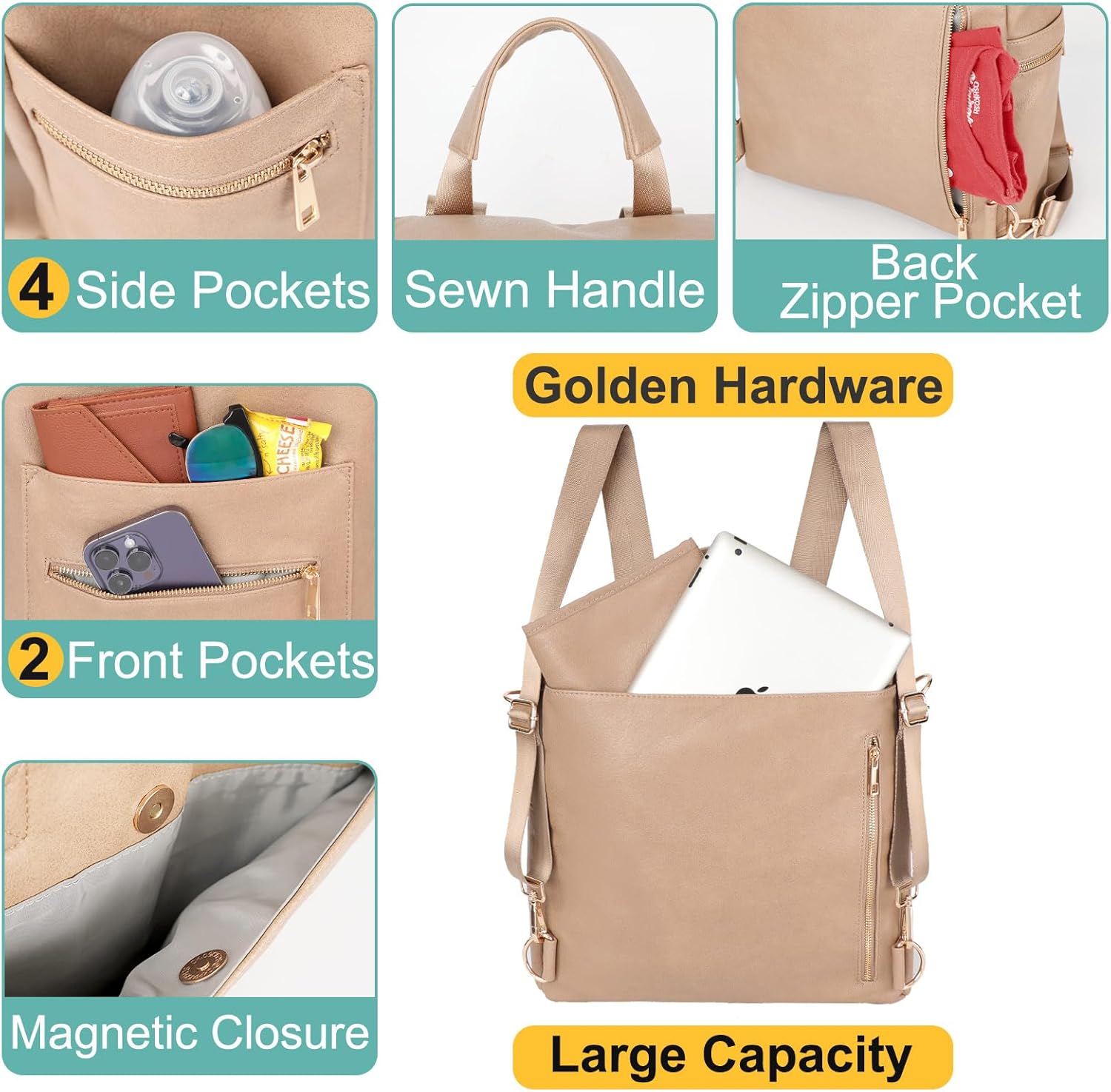 Diaper bag, Leather Diaper Bag Backpack by MF Store, Diaper Backpack with Laptop Sleeve,Changing Pad,Wipes Pouch,Stroller Straps and Insulated Pockets