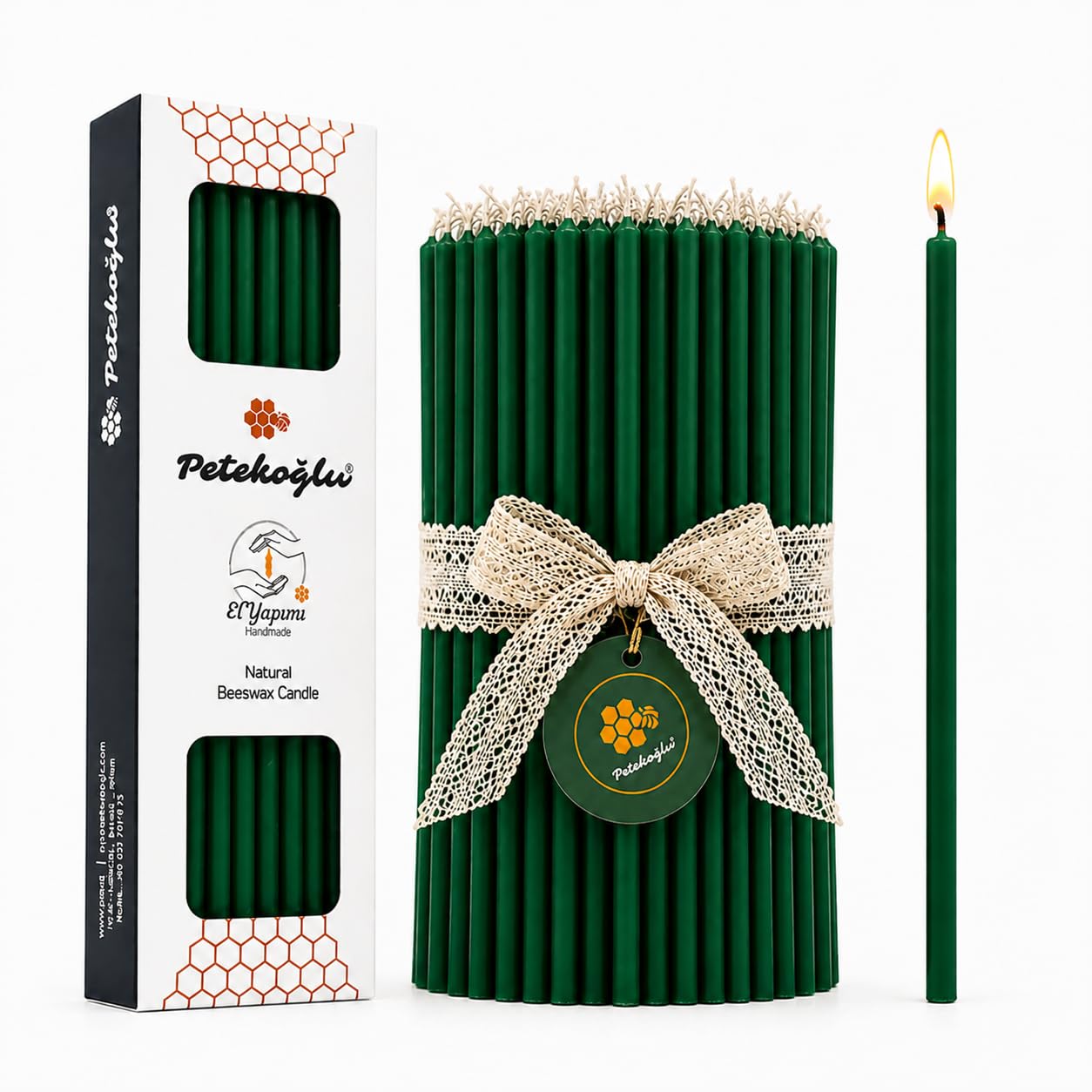 Petekoğlu 40 velas verdes de cera de abeja pura, sin goteo, sin humo, altas, finas velas decorativas para oración de iglesia, decoración o velas de cumpleaños, velas perfumadas a miel