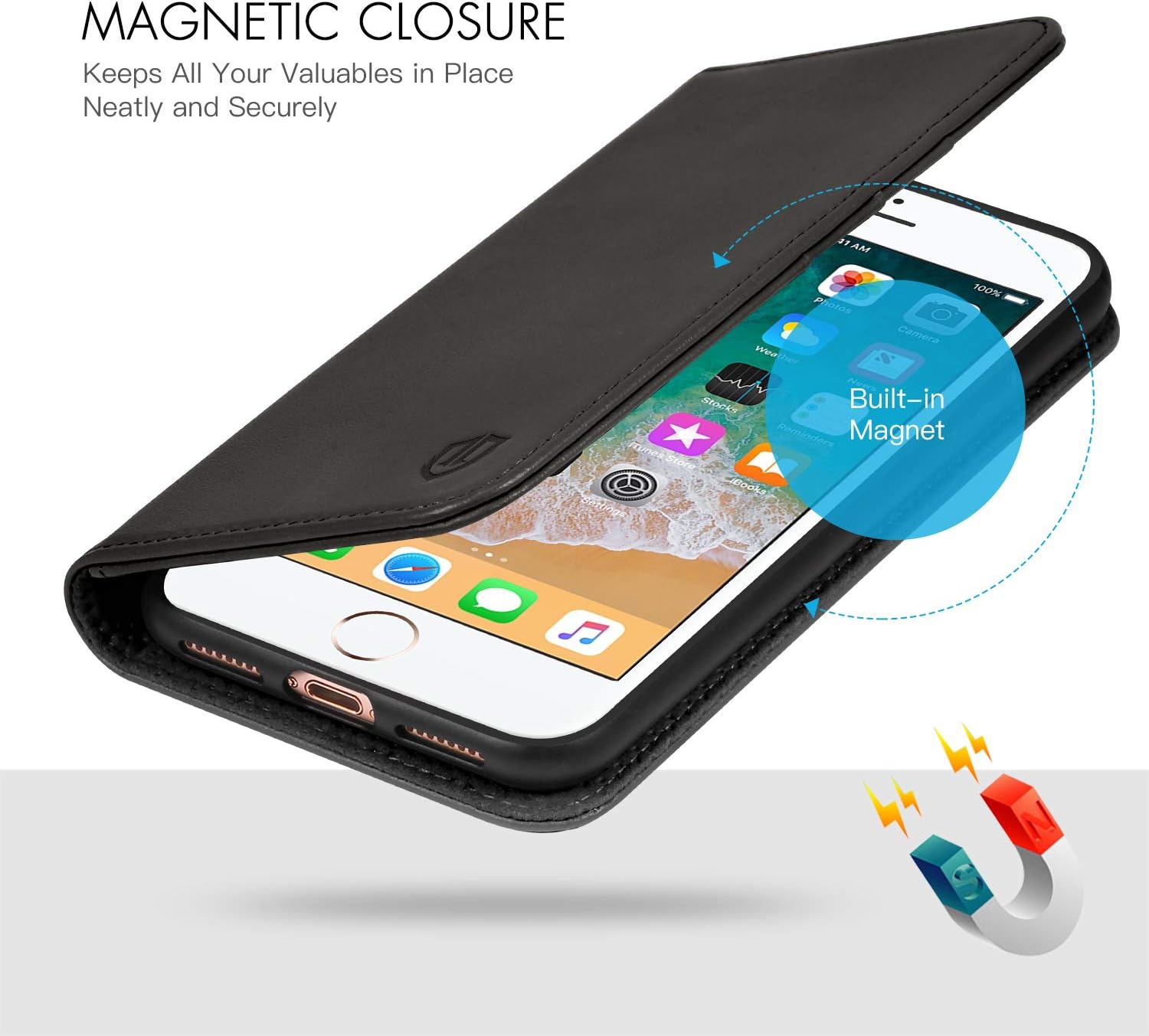New Arrivals SHIELDON Genuine Leather iPhone 8 Plus Wallet Case Book Flip Cover and [Credit Card Slot] Magnetic Closure Compatible with iPhone 8 Plus / 7 Plus - Black