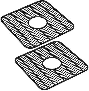 Dependable Industries Inc. Essentials 2 Pack Plastic Sink Protector Mat with Center Drain Cutout Protect Sink and Glasses and Dishes from Scratches and Breaks 12" x 11" Off White (Black)