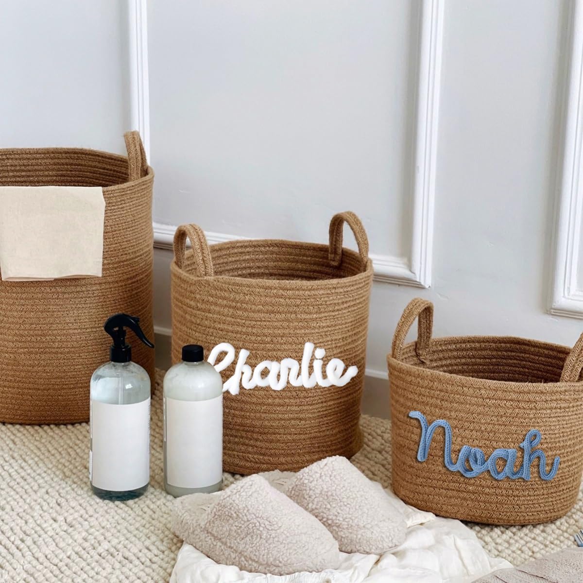 Panier À Linge Personnalisé Avec Nom, Grand Panier En Corde De Coton Tissé Pour Chambre À Coucher, Comme Poubelle À Vêtements Sales Et Organisateur De Rangement Polyvalent Pour Jouets(Brown,L)