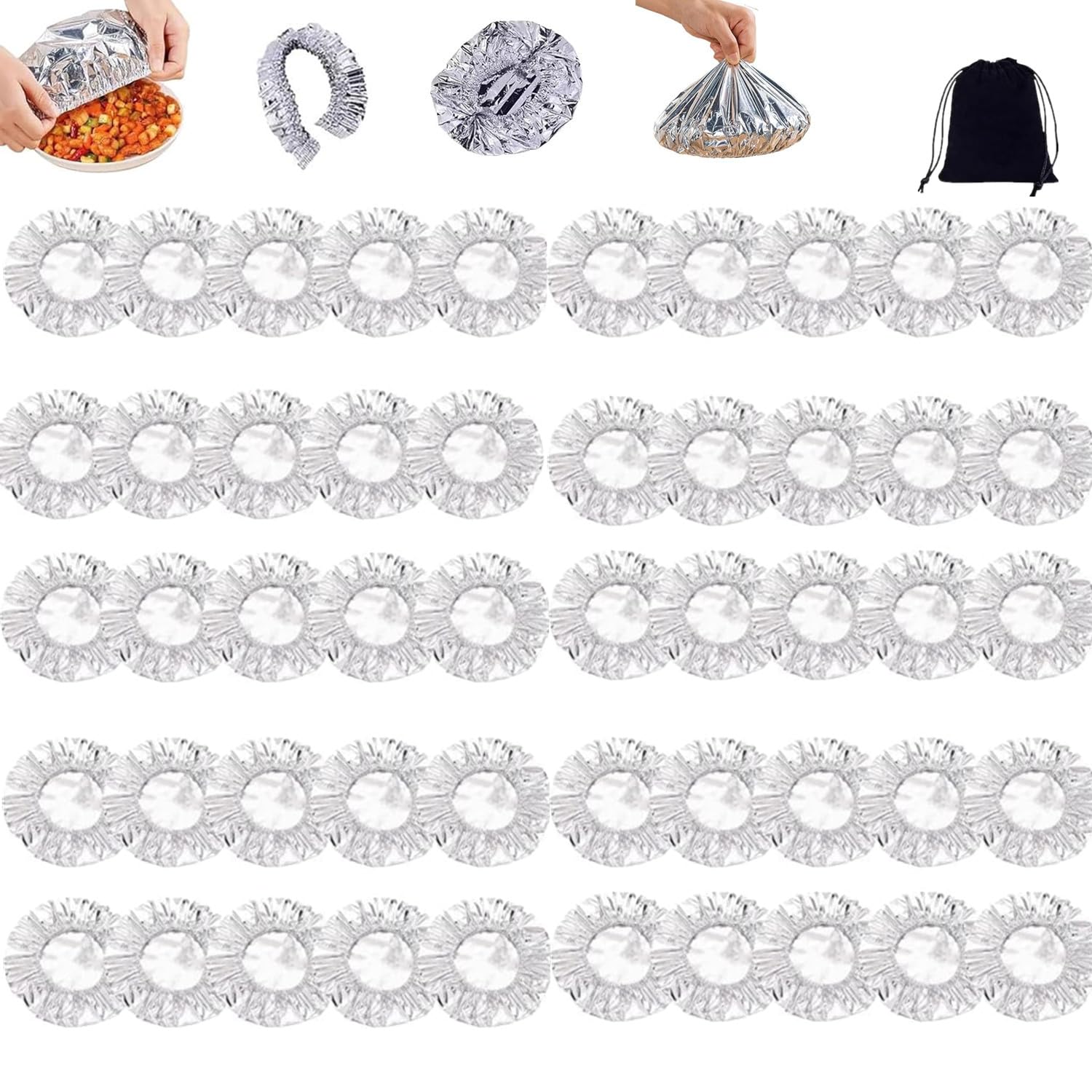 Reusable Aluminum Foil Food Covers: Home Dining Table & Food Container Aluminum Foil Heat-Retaining Cover, Aluminum Food Covers With Elastic, For Kitchen Meals Vegetables Fruits Leftovers (50PCS)