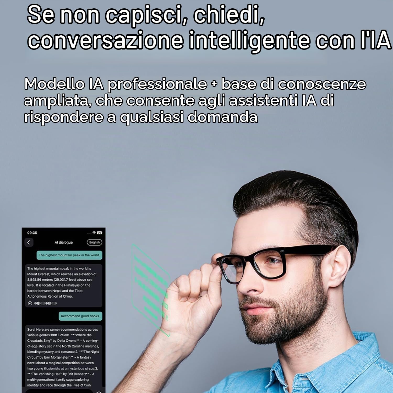 Occhiali Intelligenti AI con Traduzione in Tempo Reale in 163 Lingue, Assistente Vocale Intelligente, Note Vocali, Servizio Fotografico Remoto, Batteria 10H, IP65