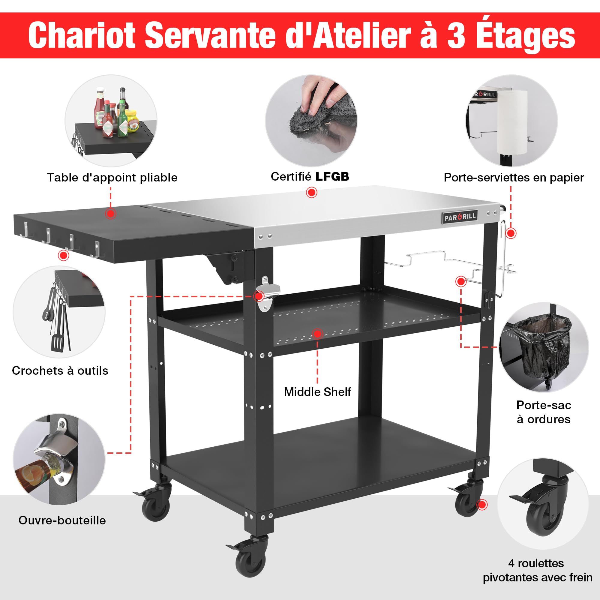 PARGRILL Chariot de Service en Acier Inoxydable à 3 Niveaux, Chariot Barbecue Extérieur avec Table d'appoint Pliable, Desserte à roulettes Pivotantes à 360° avec Frein, pour Cuisine, Barbecue, Jardin