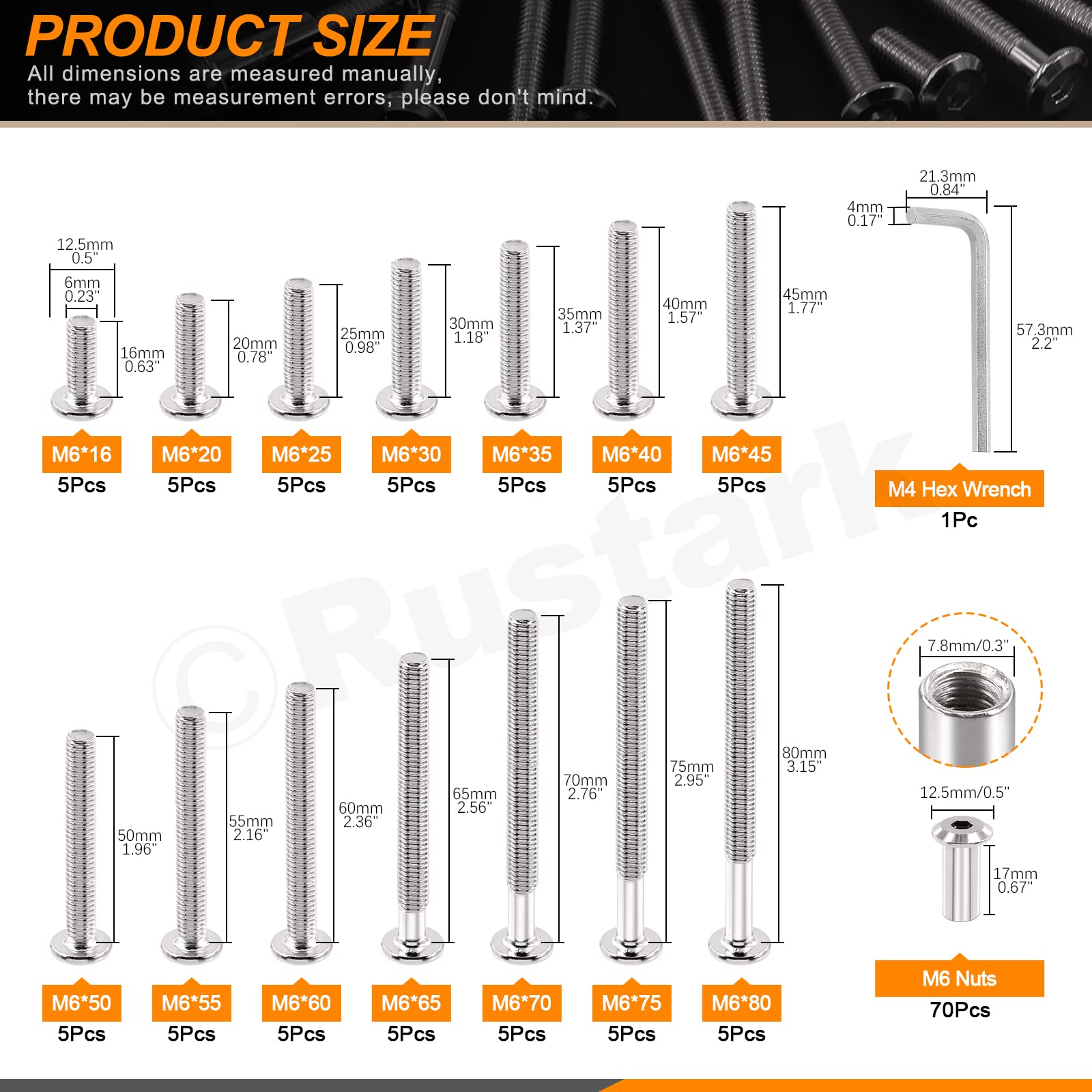 Rustark 141Pcs M6x16mm-80mm 14 Sizes Furniture Joint Connector Bolt & Cap Nut Assortment Kit Flat Hex Socket Cap Bolts Screw Posts for Furniture Chair Crib Belt Leather Binding - Image 2