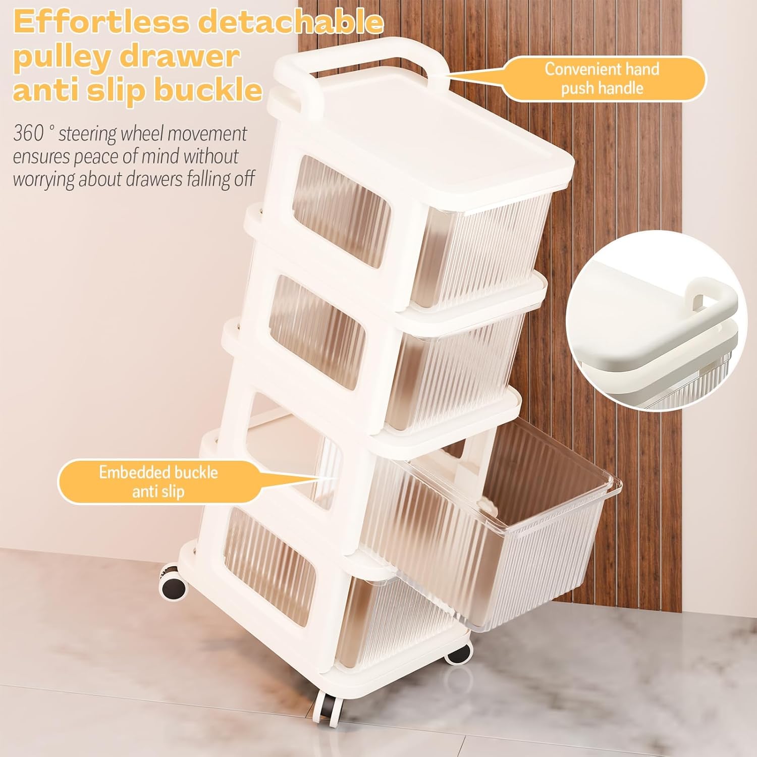 Plastic Drawer Storage Organizer 4 Drawer Plastic Storage Cart, Plastic Rolling Cart with Visible Drawers, Kitchen Pantry Storage Cabinet with Casters For Kitchen Cabinets Home Organization White 4-L