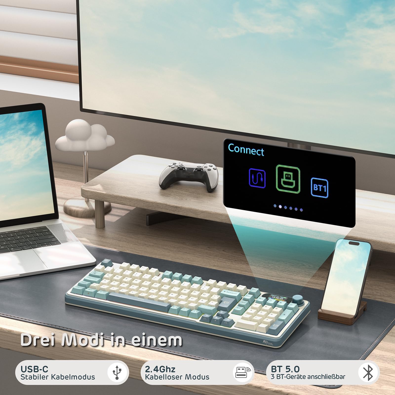 RK ROYAL KLUDGE S98 DE Mechanische Tastatur mit Smart Display & Knopf, Top Mount 96% Kabellose Tastatur BT/2.4G/USB-C, Hot-Swap, 98 Tasten, Deutsches QWERTZ