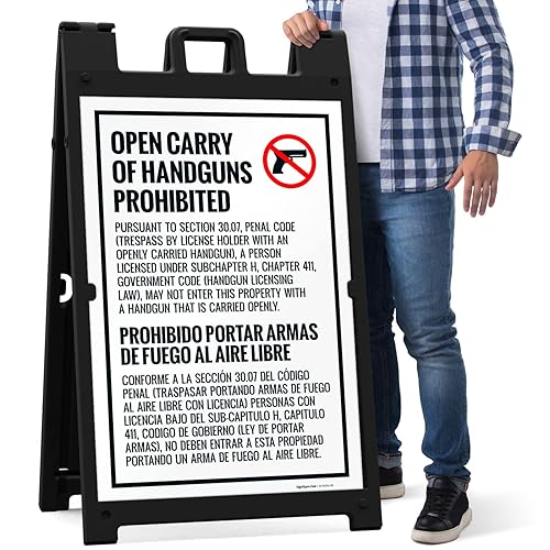 Miniatura 7 de Open Carry Of Handguns Prohibited Texas Penal Code Section 3007 Sidewalk Sign Kit 24x36 Inches With A Frame Stand Made in USA by Sigo Signs