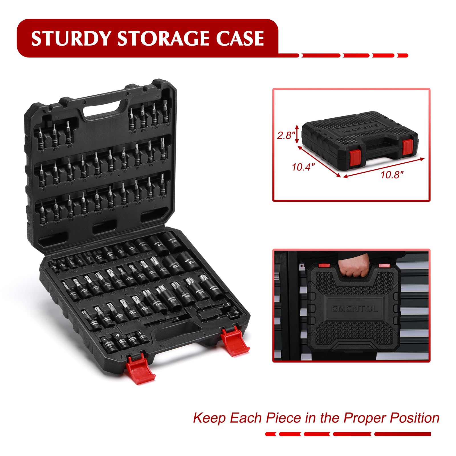 EMENTOL Juego de 67 llaves de vaso Torx de 1/10.2 cm 3/20.3 cm 1/5.1 cm, T6-T70, TT6-TT70, E4-E24, incluye adaptadores de enchufe, adaptadores de taladro, juego de enchufes E-TORX, acero CR-V