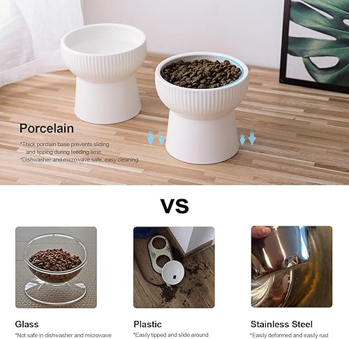 Miniatura 5 de Tazón de cerámica para gatos elevados, blanco de 15 onzas con soporte, protege la columna vertebral del gato, sin estrés, prevención de reflujo y