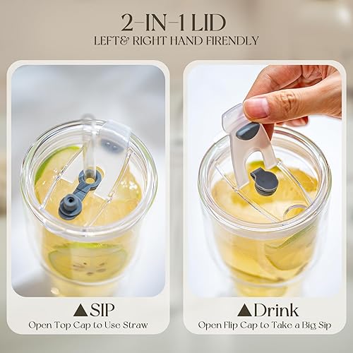 Miniatura 8 de KEMORELA 2 vasos de vidrio de doble pared de 20 onzas con tapas y popotes, vasos de vidrio de borosilicato aislados para café con leche helado,