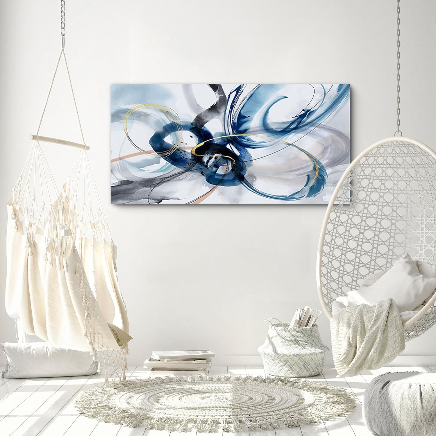 Arte abstracto para pared - Cuadros azules y blancos para decoración de pared, lienzo para sala de estar, decoración moderna para el hogar, estética para dormitorio (65 x 130 cm / Marco interior)
