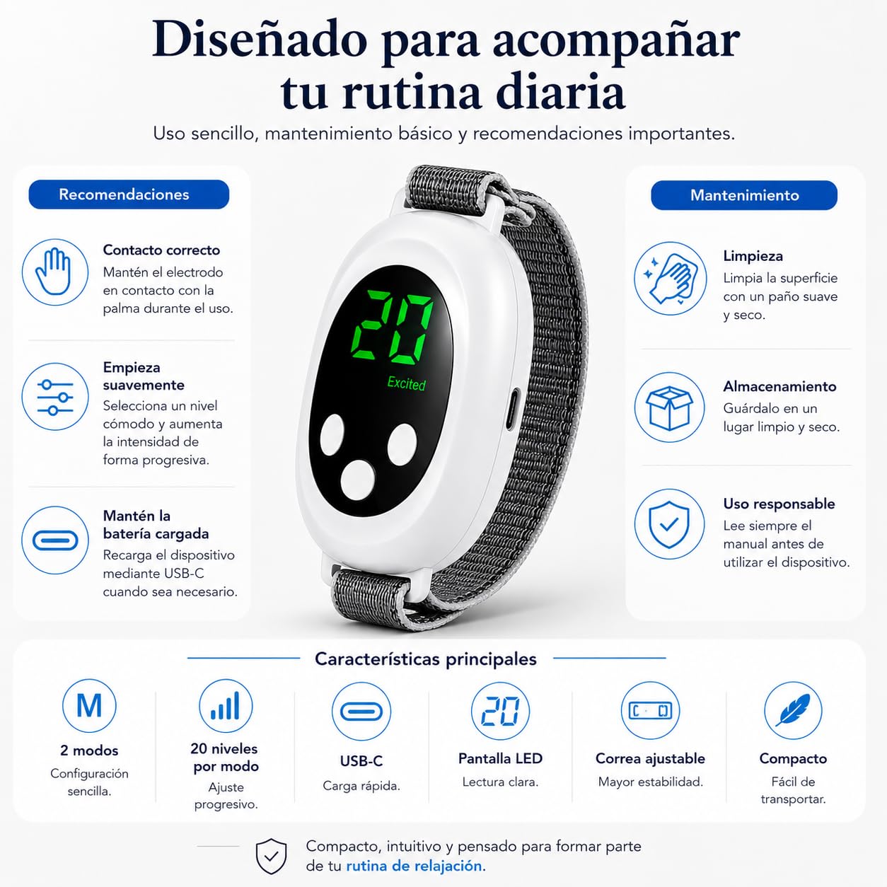 Dispositivo para Dormir y Relajarse, Masajeador de Mano EMS Antiestrés | 20 niveles de intensidad, modos Sleep y Excited, correa ajustable, autoapagado y formato portátil