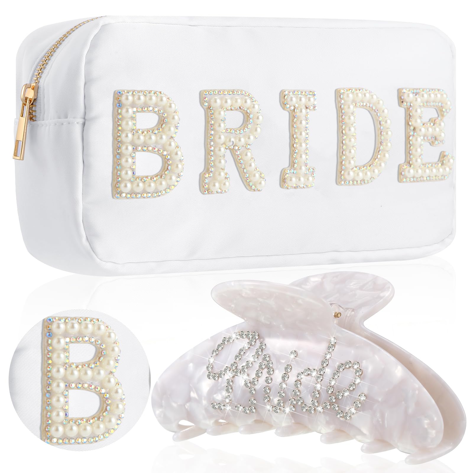 Sotiff2 Pcs Mrs/Bride Makeup Bag Bride Hair Claw Clip Embroidered Letter Cosmetic Bag Bachelorette Gifts for Bride Mrs Pouch Bride Gifts for Bachelorette Party Women Wedding Bridal Shower