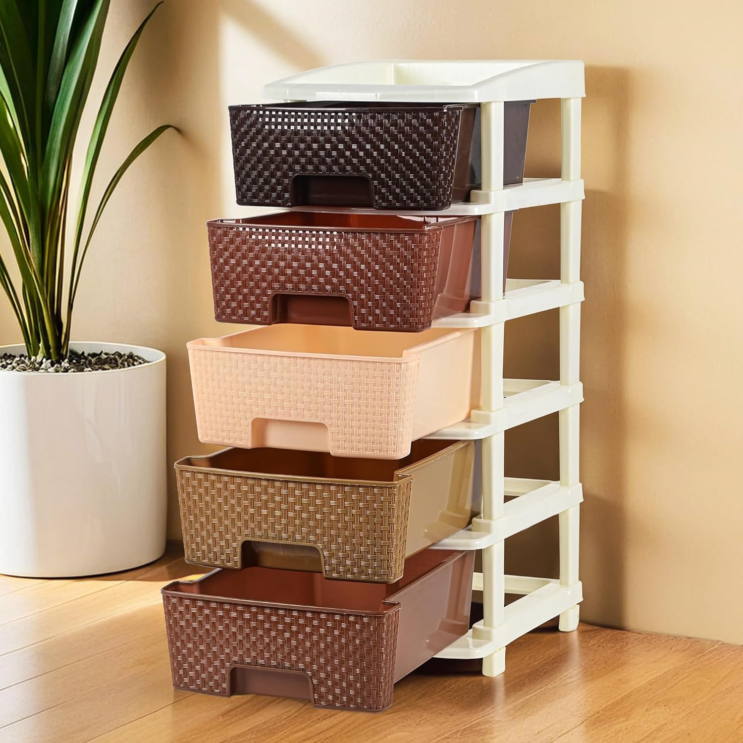 Kuber Industries 5-warstwowy i plastikowy organizer do przechowywania szuflad 92 l, modułowy organizer na szafki kuchenne i zabawki do pokoju dziecięcego, brązowy