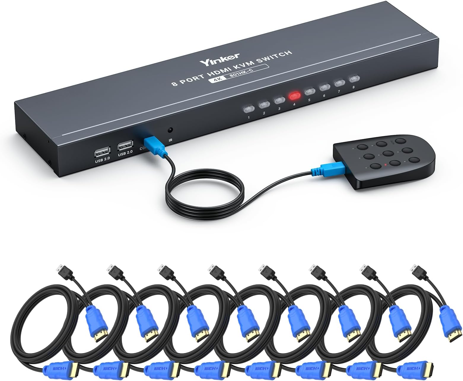 – 8 Port 4K@30Hz HDMI KVM Switch, 1U Rackmount 8 in 1 Out for Server, Auto Scan Wired Selector IR Remote & Panel Button, 4 USB Ports, Keyboard Mouse Sharing, Plug & Play, 8 KVM Cables Included
