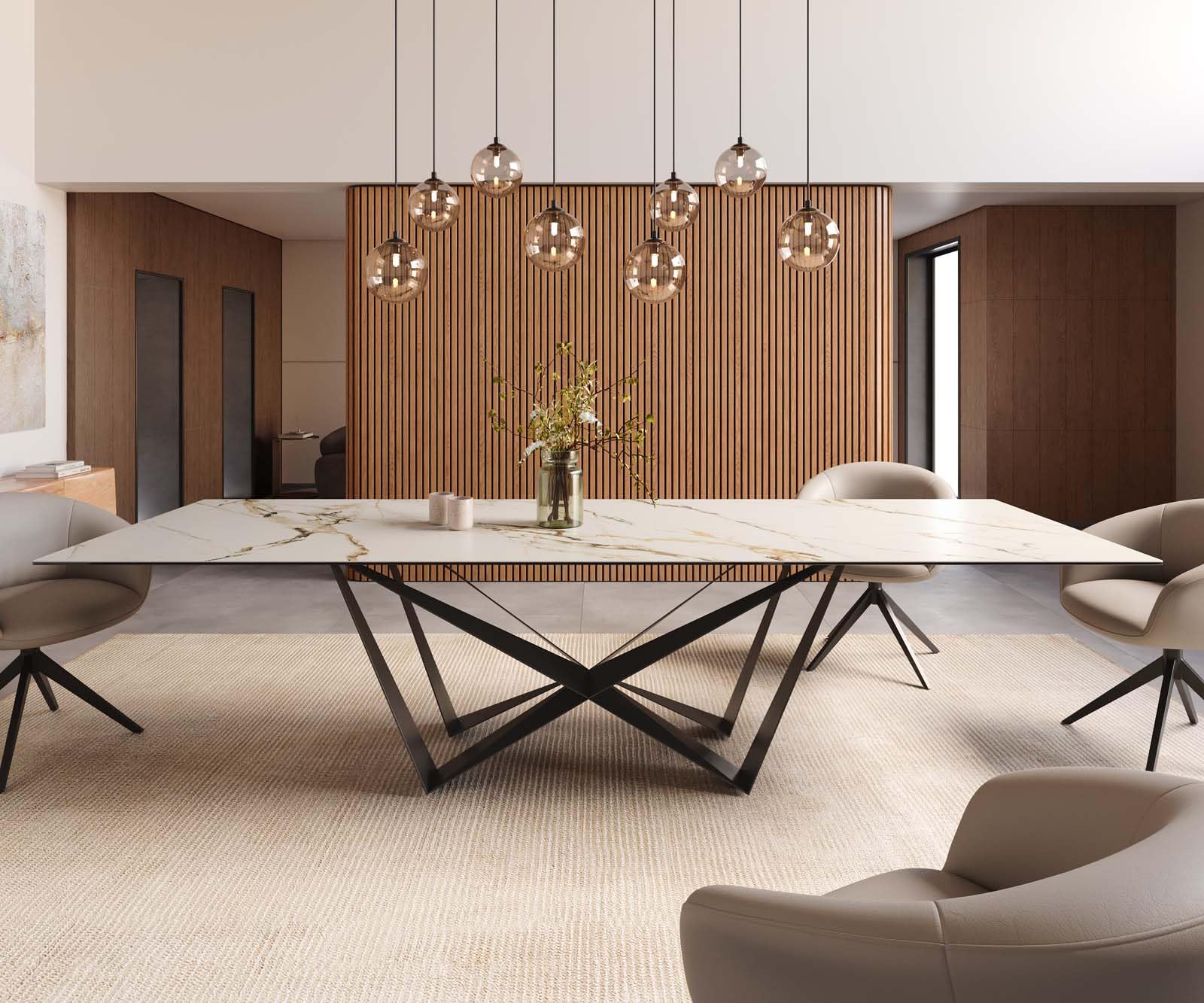 Table à manger Edge céramique Calacatta Luxe blanc-doré-gris 300x100 Spider