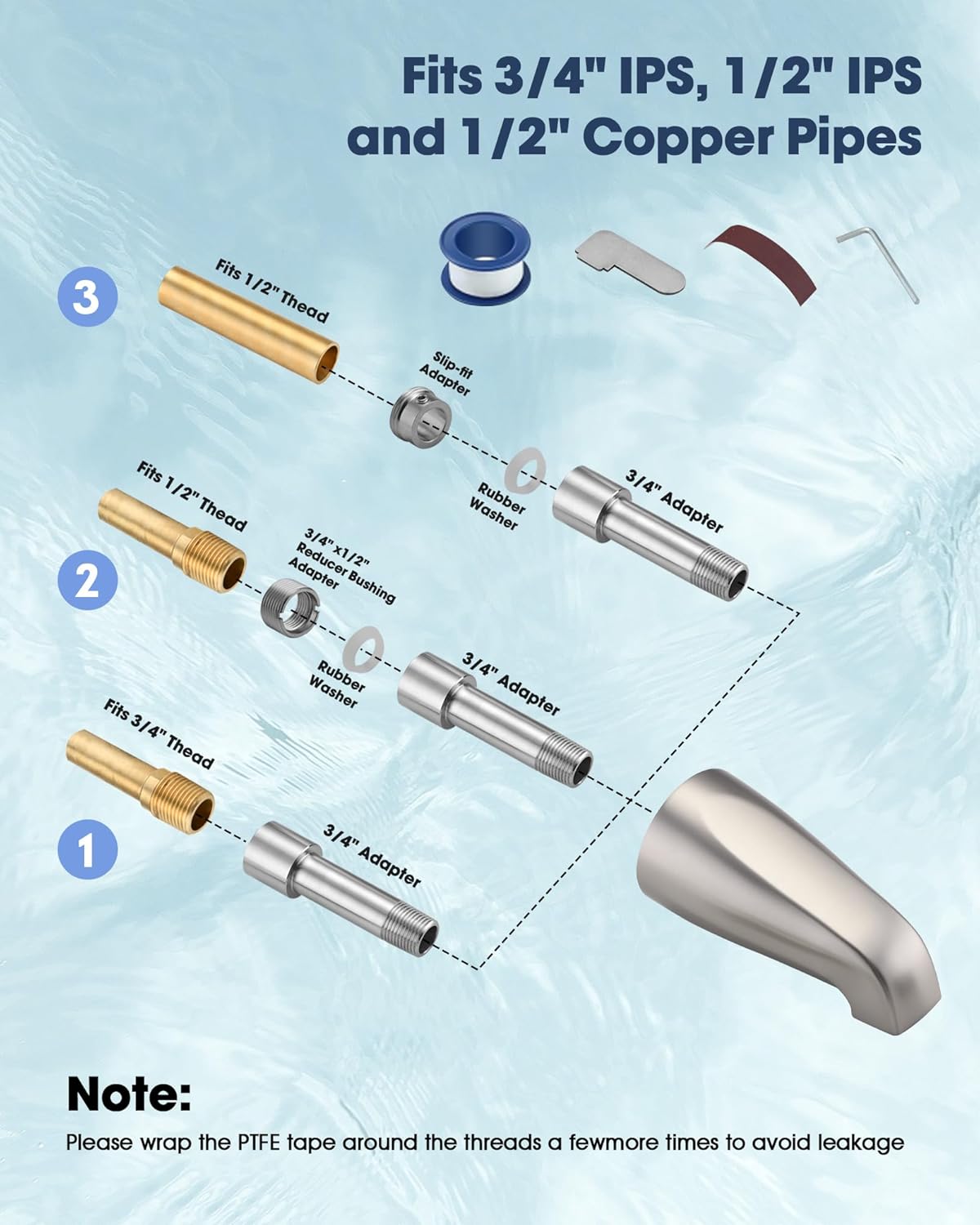 Bathtub Spout Without Diverter, 5.3, All Metal 304 Stainless Steel, Fits 1/2 Copper Slip-On and 1/2 or 3/4 IPS Threaded Pipes, Leak-Free Design, Easy Installation, Universal Fit, Brushed Nickel