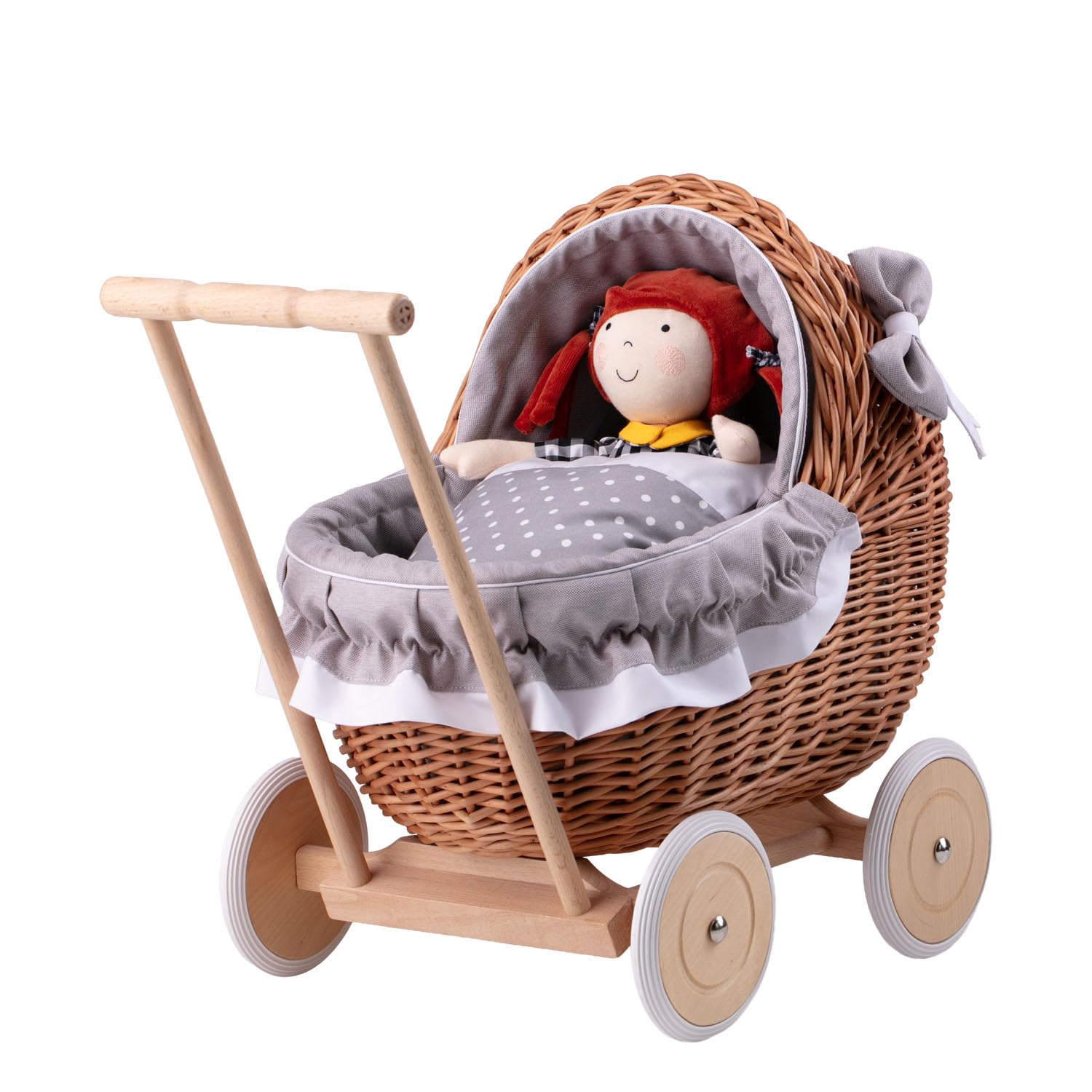 Korbpuppenwagen mit Holzuntergestell – Vintage-Stil, wunderschöne Dekoration für Fotoshootings Sammler-Puppenwagen aus Weide (Grau1)